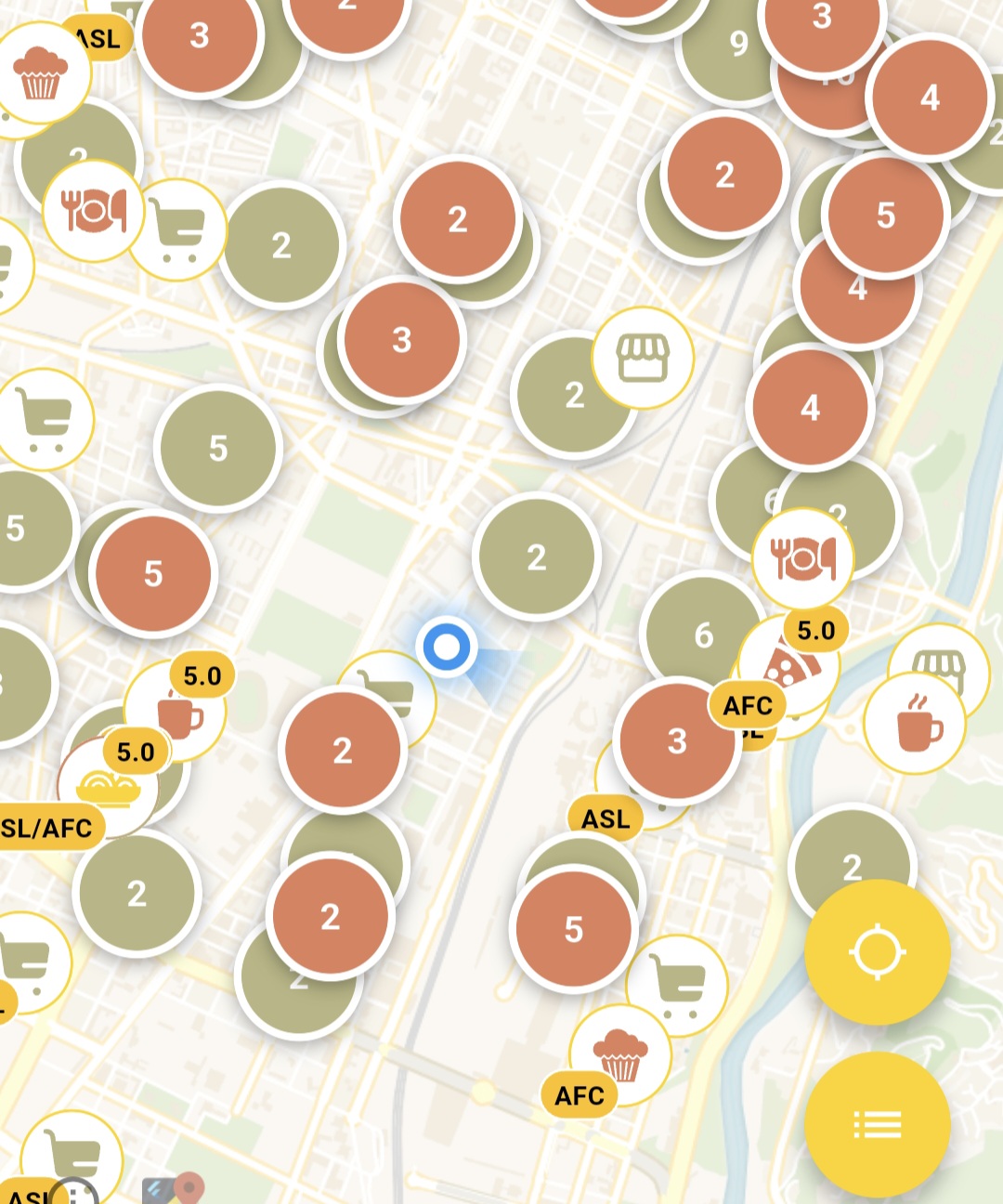 Mappa interattiva di Glufrì che mostra la localizzazione di ristoranti e negozi certificati senza glutine sulla zona geografica dell'utente